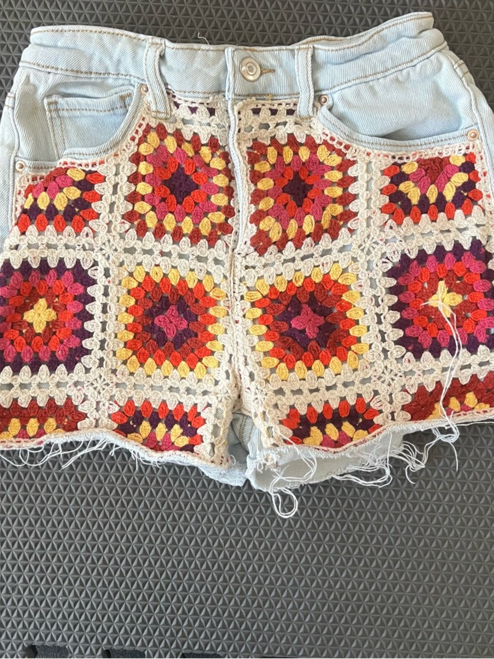 SO Crochet Patchwork Jean Shorts - Red Orange Yellow Pink Purple